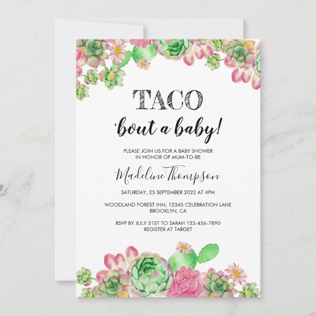 Floral Pink Cactus Taco 'über eine Babydusche Einladung (Vorderseite)