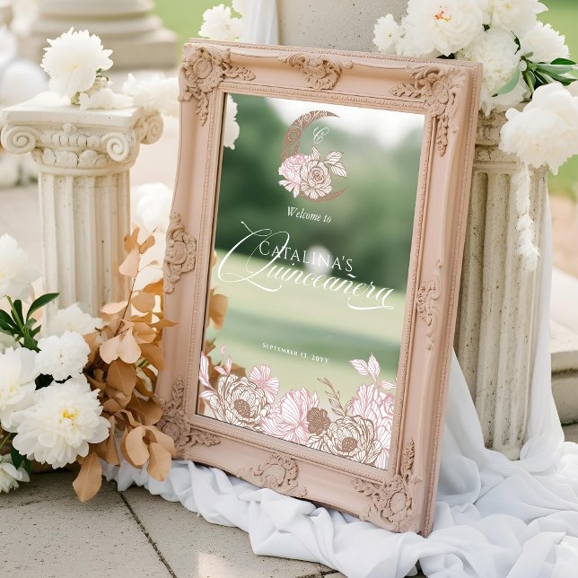 Floral Pink Celestial Moon Quinceanera Willkommen Fensteraufkleber (Floral Pink Celestial Moon Quinceanera Welcome Window Cling)