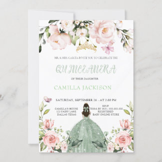 Floral Pink Chic Sage Green Quinceanera Baby Show Einladung