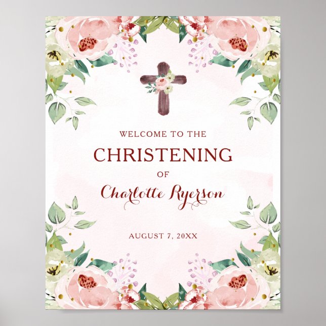 Floral Pink Christening Welcome Poster (Vorne)