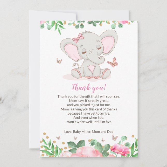 Floral Pink Elephant Babydusche Danke Karte (Vorderseite)