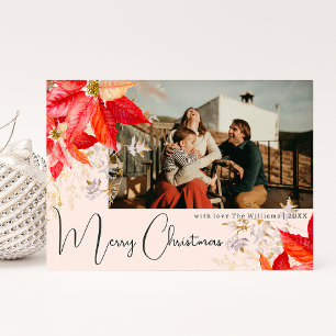 Floral Pink Frohe Weihnachten Zwei-Foto-Urlaubskar