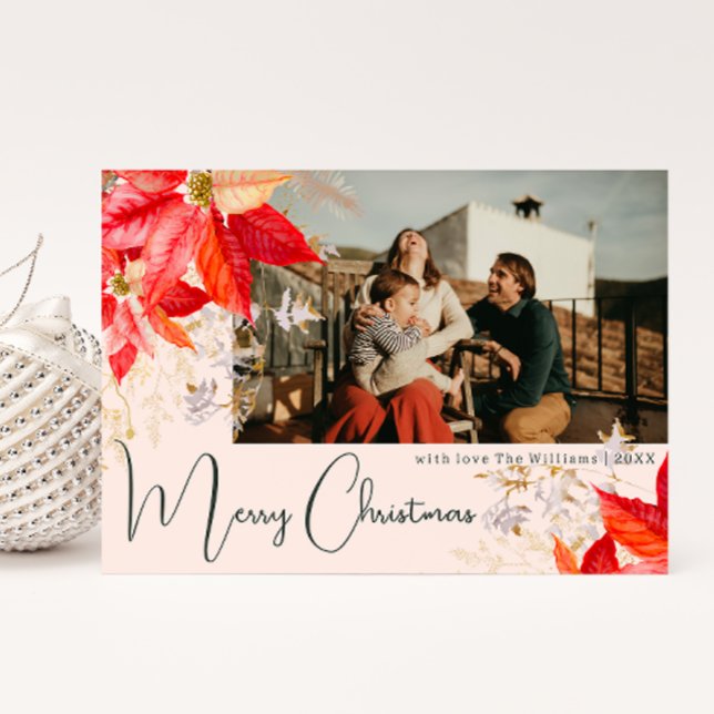 Floral Pink Frohe Weihnachten Zwei-Foto-Urlaubskar (Von Creator hochgeladen)