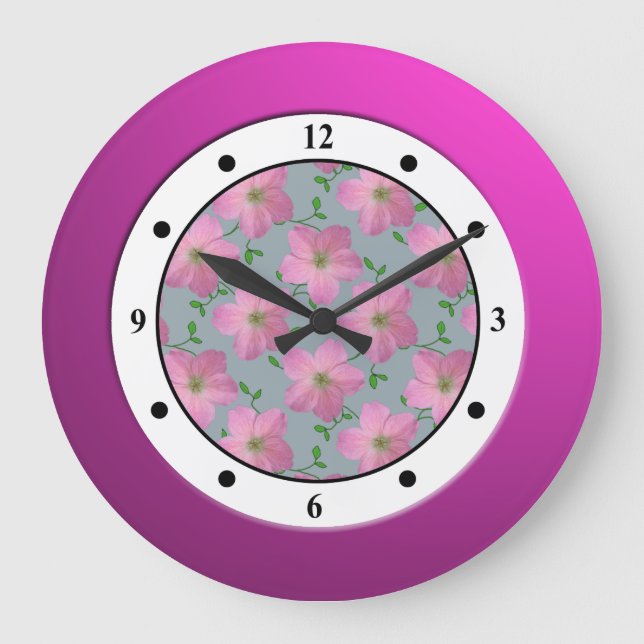 Floral Pink Garden Flower Modern Digits Große Wanduhr (Vorderseite)