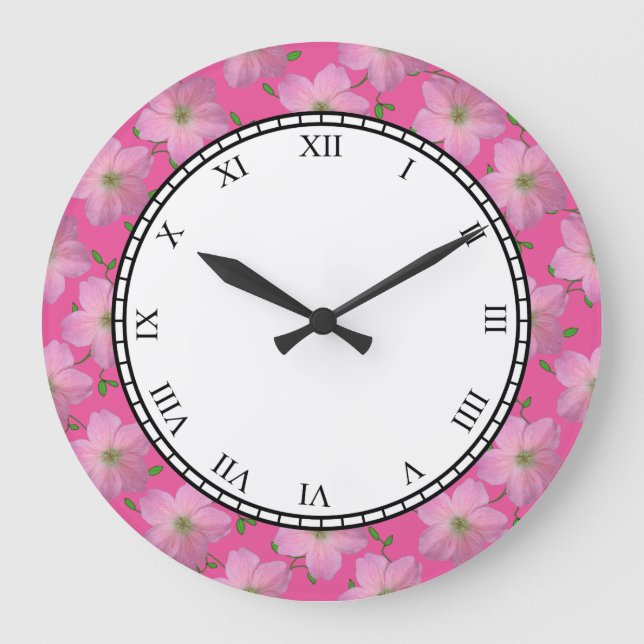 Floral Pink Garden Flowers Roman Digits Große Wanduhr (Vorderseite)