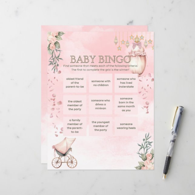 Floral Pink Girl Baby Dusche Bingo Spiel (Vorderseite/Rückseite Beispiel)