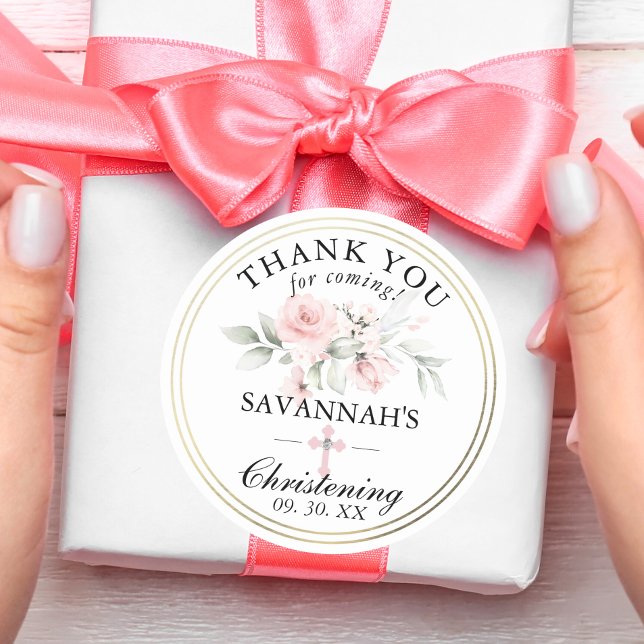 Floral Pink Girl Christening Danke Runder Aufkleber (Floral Pink Girl Christening / Baptism Thank You Classic Round Sticker for gifts, favors, bags, etc.)