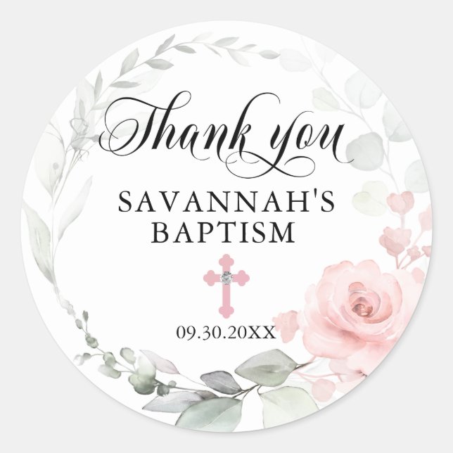 Floral Pink Girl Christening Taufe Vielen Dank Runder Aufkleber (Vorderseite)