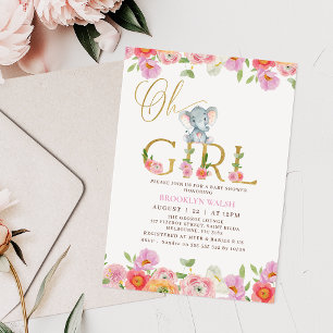 Floral Pink Girls Oh Baby Elephant Baby Shower Inv Einladung