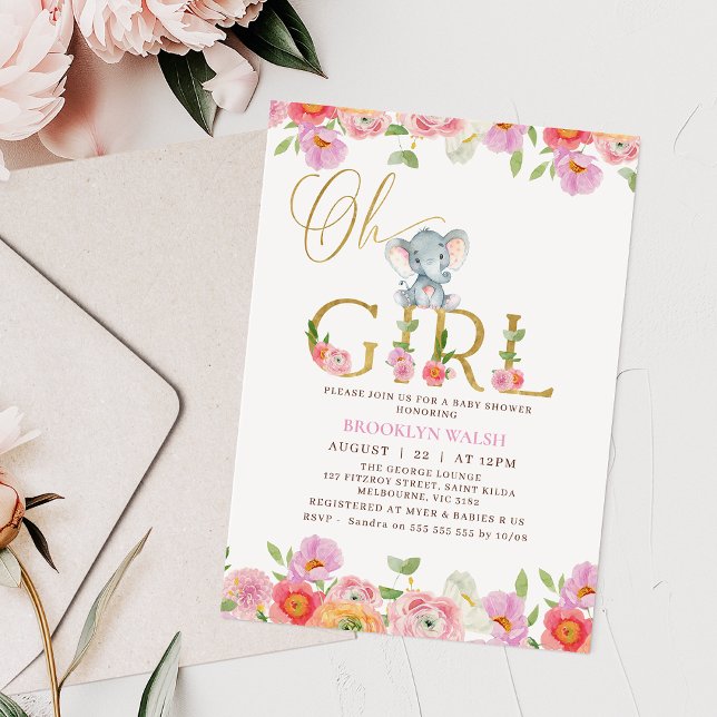 Floral Pink Girls Oh Baby Elephant Baby Shower Inv Einladung (Oh Girl Elephant Baby Shower Invitation Template, Girl Elephant Baby Shower Invitation Card Floral)