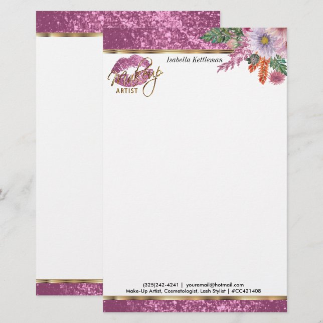 Floral Pink Glitzer Kiss Briefpapier (Vorne/Hinten)