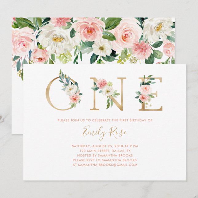 Floral Pink Gold 1er Anniversaire Fête Invitation (Devant / Derrière)