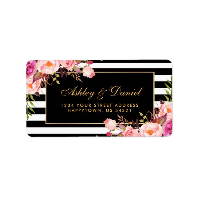 Floral Pink Gold Black Stripes Hochzeit Adressaufkleber (Vorne)