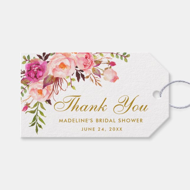 Floral Pink Gold Brautparty Danke Geschenkanhänger (Vorderseite (Horizontal))
