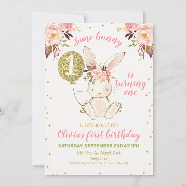 Floral Pink Gold Bunny 1. Geburtstag Einladung (Vorderseite)