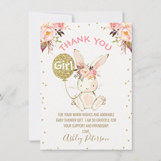 Floral Pink Gold Bunny Baby Dusche Danke Karte (Vorderseite)