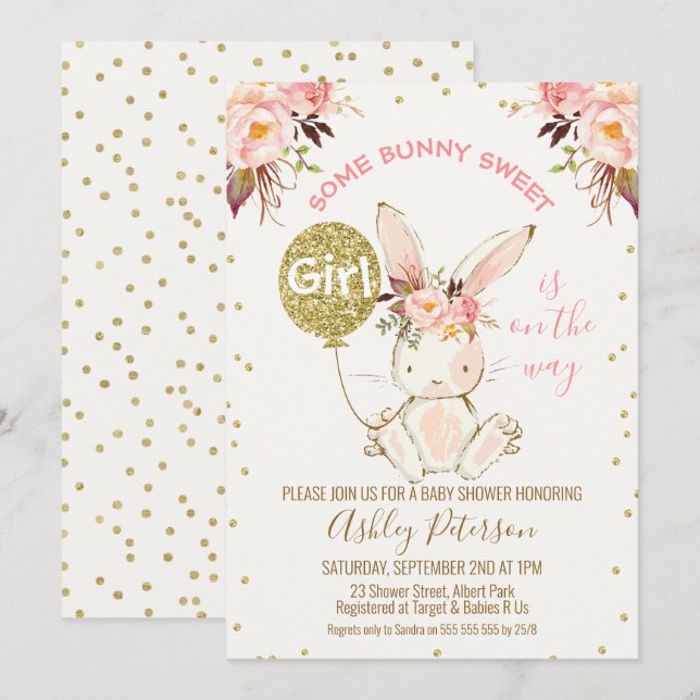 Floral Pink Gold Bunny Baby Dusche Einladung (Vorne/Hinten)