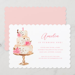 Floral Pink Gold Cake Erste Geburtstagsparty Einladung