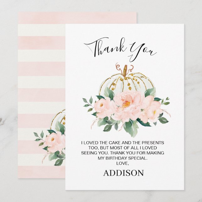 Floral Pink Gold Citrouille Anniversaire Carte de  (Devant / Derrière)