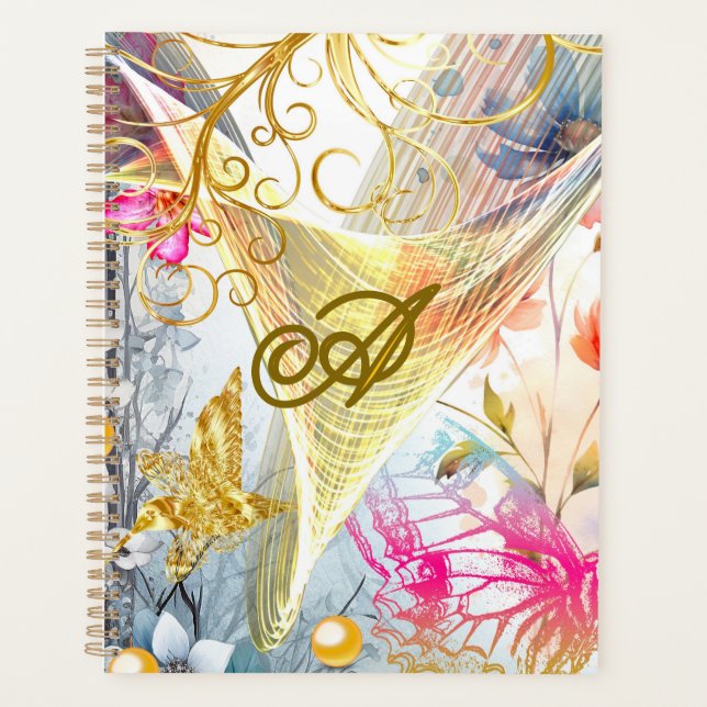 Floral Pink Gold Fairy Bird Butterfly Mit Monogram Planer (Vorderseite)