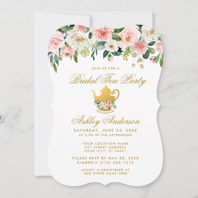 Floral Pink Gold Fête des mariées Invitation Tea P (Devant)