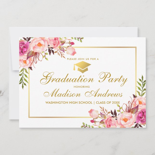 Floral Pink Gold Frame Graduation Party Invitation (Devant)