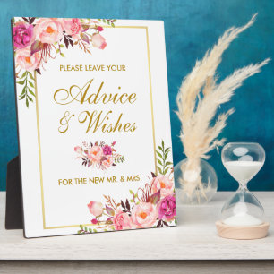 Floral Pink Gold Hochzeitsratgeber und Wünsche Fotoplatte
