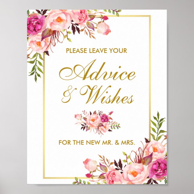 Floral Pink Gold Hochzeitsratgeber und Wünsche Poster (Vorne)