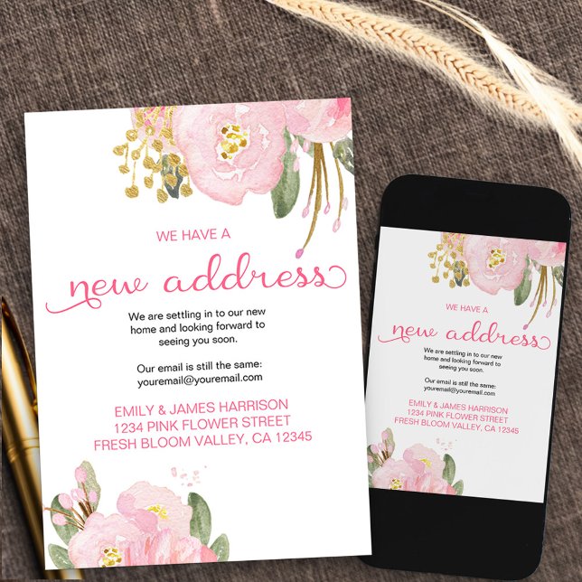 Floral Pink Gold Neue Ankündigung zur Adressenvers (Floral new address moving announcement card available printed or as printable digital download
)
