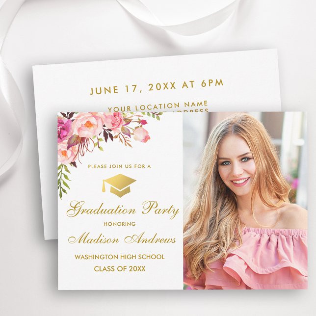 Floral Pink Gold Photo Graduation Party Invitation (Customize to change text size, color or text style.)