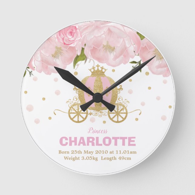 Floral Pink Gold Princess Beförderung Geburtsstund Runde Wanduhr (Vorderseite)