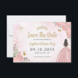 Floral Pink Gold Princess Birthday Quinceanera Save The Date<br><div class="desc">Blumenrot Rosa Golddruckerin Gown Dress Glitzer Sparkle Tiara Crown Butterfly 15. Geburtstag Quinceanera Save the Date</div>