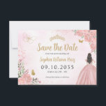 Floral Pink Gold Princess Birthday Quinceanera Save The Date<br><div class="desc">Blumenrot Rosa Golddruckerin Gown Dress Glitzer Sparkle Tiara Crown Butterfly 15. Geburtstag Quinceanera Save the Date</div>