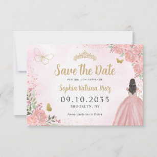 Floral Pink Gold Princess Birthday Quinceanera Save The Date