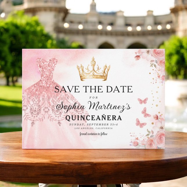 Floral Pink Gold Princess Birthday Quinceanera Save The Date (Von Creator hochgeladen)