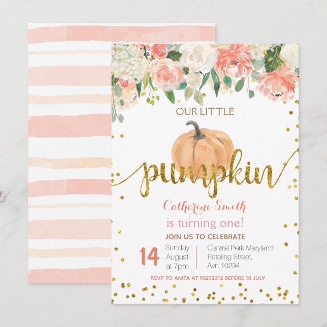 Floral Pink Gold Pumpkin 1. Geburtstag Einladung (Vorne/Hinten)