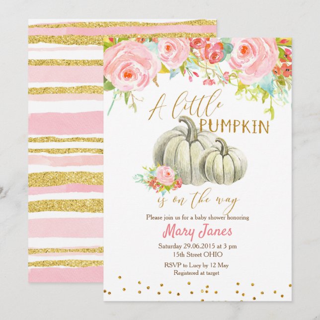 Floral Pink Gold Pumpkin Baby Dusche Einladung (Vorne/Hinten)