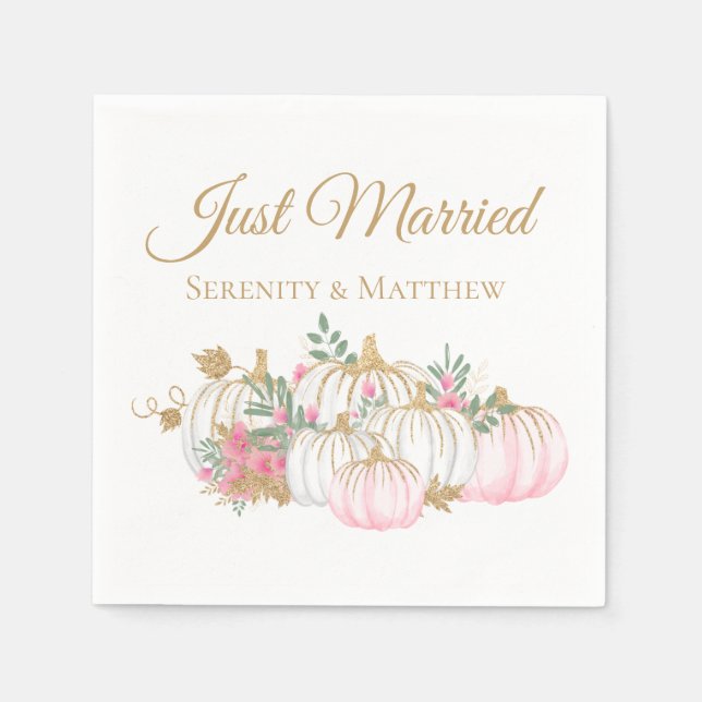 Floral Pink Gold Pumpkin Just Married Hochzeit im  Serviette (Vorderseite)