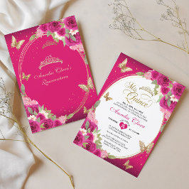 Floral Pink Gold Tiara Butterfly Mis Quinceañera Einladung