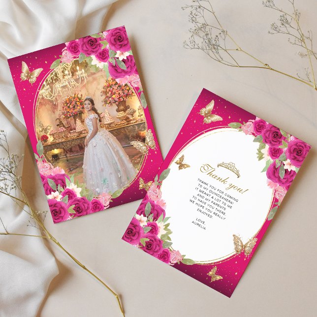 Floral Pink Gold Tiara Butterfly Quinceañera Foto Dankeskarte (Von Creator hochgeladen)