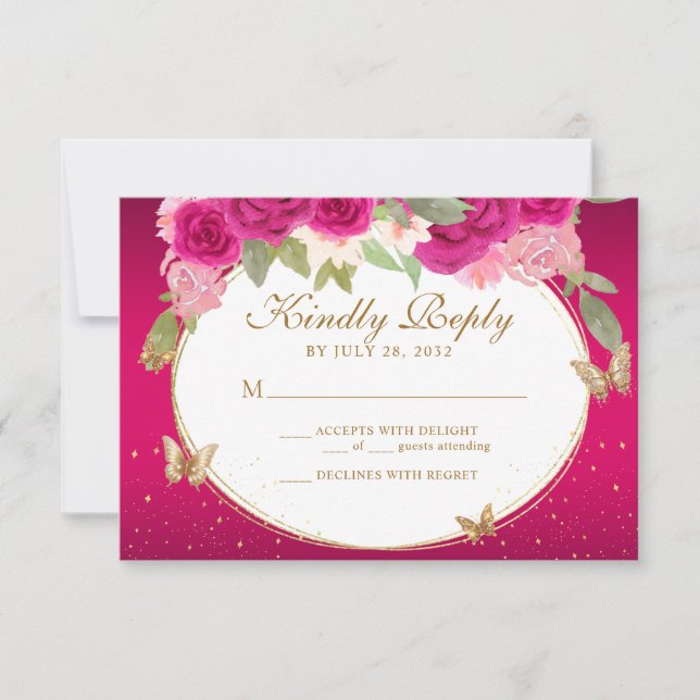 Floral Pink Gold Tiara Butterfly Quinceañera RSVP Karte (Vorderseite)