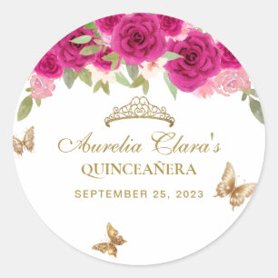 Floral Pink Gold Tiara Butterfly Quinceañera Runder Aufkleber