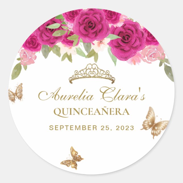Floral Pink Gold Tiara Butterfly Quinceañera Runder Aufkleber (Vorderseite)