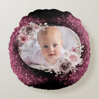 Floral Pink Gold Two Photo Baby Girl cute Rundes Kissen