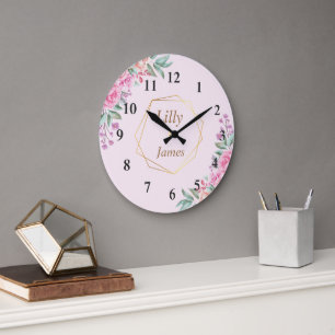 Floral Pink Hochzeit Große Wanduhr