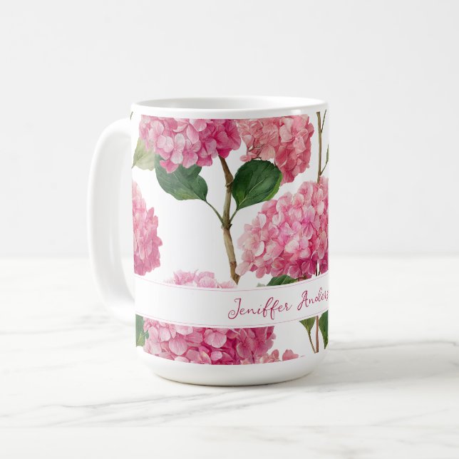 Floral Pink Hydrangea with Custom Name Kaffeetasse (Vorderseite Links)