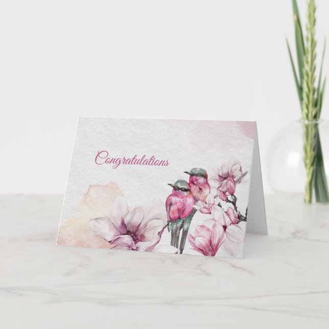 Floral Pink Magnolia Birds Hochzeitsgratulation Karte (Vorderseite)