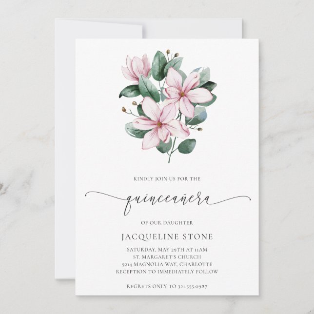 Floral Pink Magnolia Blume Quinceañera Einladung (Vorderseite)