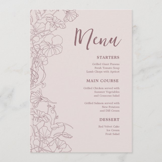 Floral Pink Mauve Abendessen Menükarte (Vorderseite)