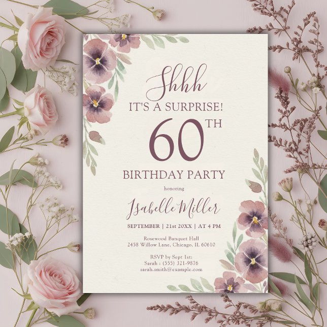 Floral Pink Mauve Surprise 60th Birthday Einladung (Floral Pink Mauve Surprise 60th Birthday Invitation)